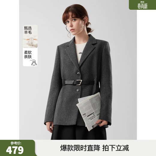 ELLE sheep wool silhouette woolen suit jacket for women 2025 winter new style high-end belt commuter suit dark gray S