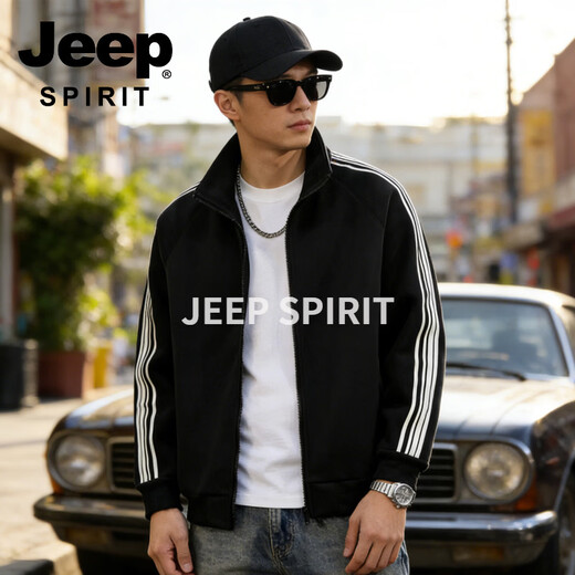 JEEP SPIRIT Jeep Cardigan Sweater Men's 2026 Spring New Loose Casual Sports Jacket Men's Stand Collar Zipper Top Men Black M 80-100 Jin Jin is equal to 0.5 kg
