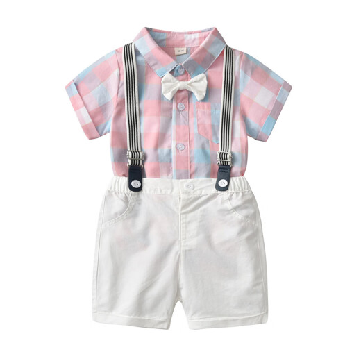 Bangshijieli summer infant suit for boys, short-sleeved shirt and overalls, one-month-old dress, one-year-old gentleman's suit (covering farts), shirt + bow tie + overalls 90