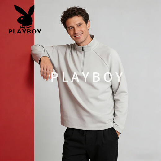 Playboy (PLAYBOY) half-zip stand-up collar sweatshirt men's loose sports casual long-sleeved top spring style high-end light luxury outdoor top dark brown M 90-100