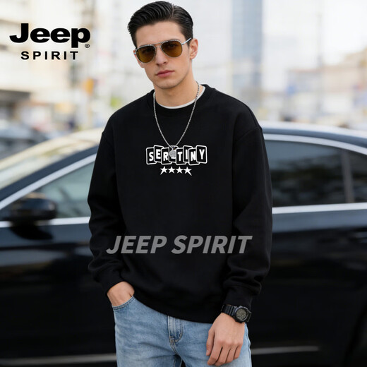 JEEP SPIRIT round neck sweatshirt men's 2026 spring new loose printed tops men's trendy velvet bottoming shirt jacket men black S