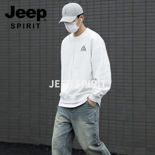 JEEP SPIRIT American retro velvet sweatshirt for men 2026 spring loose trendy round neck long-sleeved bottoming shirt white M 115-140 Jin Jin is equal to 0.5 kg