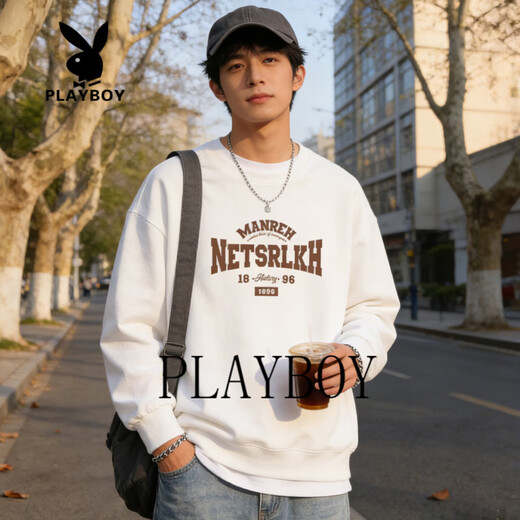 Playboy American heavyweight round neck sweatshirt for men 2026 spring loose casual versatile trendy top with velvet long sleeves dark gray S 95-120Jin Jin is equal to 0.5 kg
