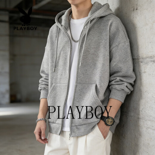 Playboy Cardigan Sweater Men's Hooded Zipper Jacket Men's 2026 Spring and Autumn Trendy Brand Casual Versatile Sports Tops Apricot S 85-105