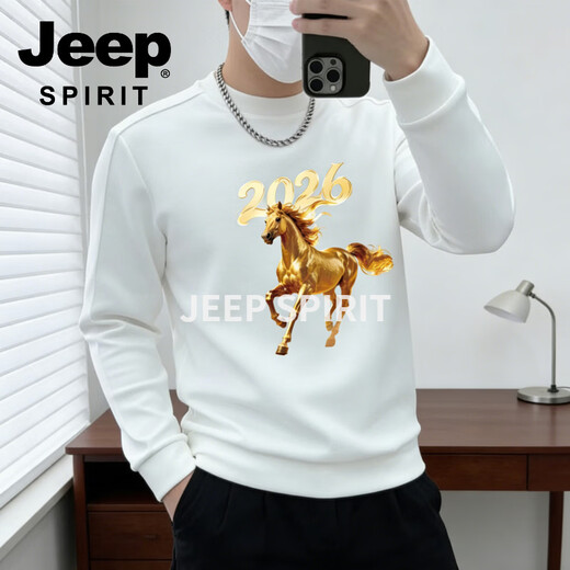 JEEP SPIRIT Jeep round neck sweatshirt men's 2026 new velvet thickened bottoming shirt long-sleeved T-shirt men's animal year red white M 110-125Jin Jin is equal to 0.5 kg