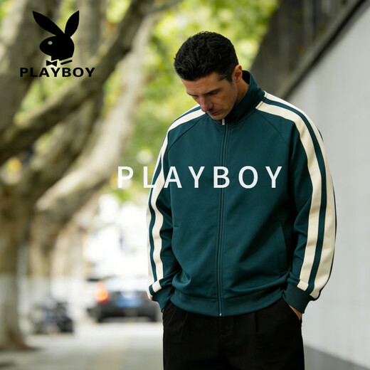 Playboy (PLAYBOY) College Style Cardigan Casual Men's Spring and Autumn Top Loose Large Size Right Shoulder Long Sleeve T-Shirt Bottoming Shirt Green 2XL (Recommended 150-168 Jin Jin equals about 0.5 kg)