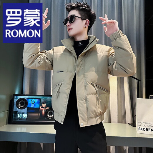 ROMON handsome short down jacket men's winter trendy stand collar thickened cotton jacket 2026 new men's cotton jacket khaki L recommended 115-130Jin Jin equals 0.5 kg