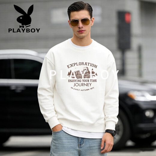 Playboy (PLAYBOY) round neck sweatshirt men's 2026 spring new loose large size bottoming shirt men's long-sleeved T-shirt men's white S recommended 95-120Jin Jin equals 0.5 kg