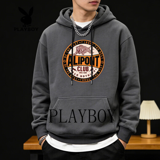 Playboy sweatshirt men's hooded loose trendy brand 2026 spring new men's casual versatile long-sleeved tops jacket men dark gray S 95-120Jin Jin equals 0.5 kg