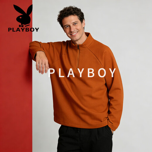 Playboy (PLAYBOY) half-zip stand-up collar sweatshirt men's loose sports casual long-sleeved top spring style high-end light luxury outdoor top dark brown M 90-100