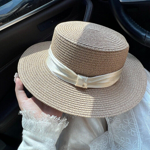 Woodpecker (TUCANO) 2026 new style French flat-top straw hat for women summer seaside big head circumference beach hat woven sun protection sun hat khaki beige strap one size 56-58cm
