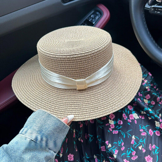 Woodpecker (TUCANO) 2026 new style French flat-top straw hat for women summer seaside big head circumference beach hat woven sun protection sun hat khaki beige strap one size 56-58cm