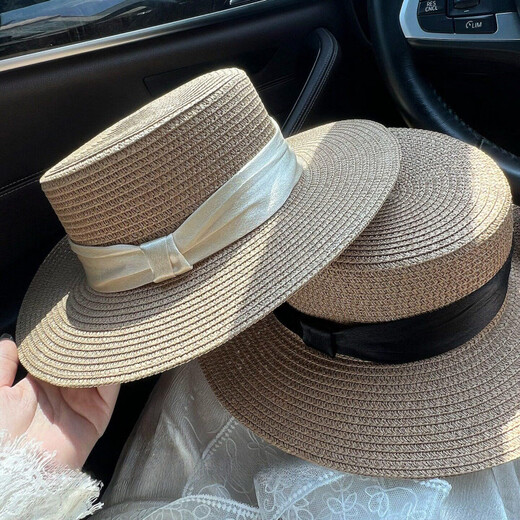 Woodpecker (TUCANO) 2026 new style French flat-top straw hat for women summer seaside big head circumference beach hat woven sun protection sun hat khaki beige strap one size 56-58cm