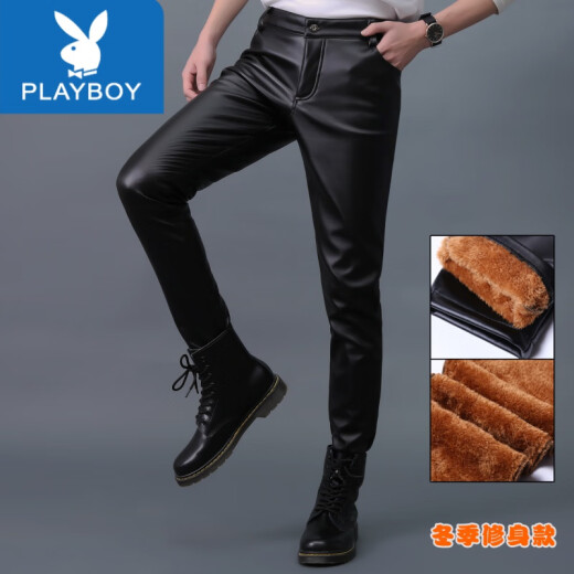 Playboy (PLAYBOY) Autumn Slim Leather Pants Men's Small Leg Pants Tight Elastic Trendy Motorcycle Leather Pants Men's Plush Long Pants 802-9 Autumn and Winter Long Velvet 31 (2 feet 4 waist)