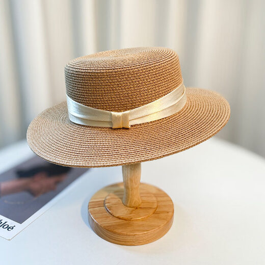 Woodpecker (TUCANO) 2026 new style French flat-top straw hat for women summer seaside big head circumference beach hat woven sun protection sun hat khaki beige strap one size 56-58cm