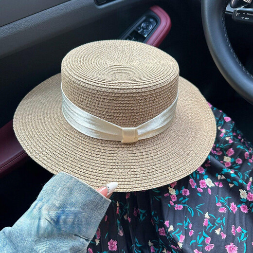 Woodpecker (TUCANO) 2026 new style French flat-top straw hat for women summer seaside big head circumference beach hat woven sun protection sun hat khaki beige strap one size 56-58cm