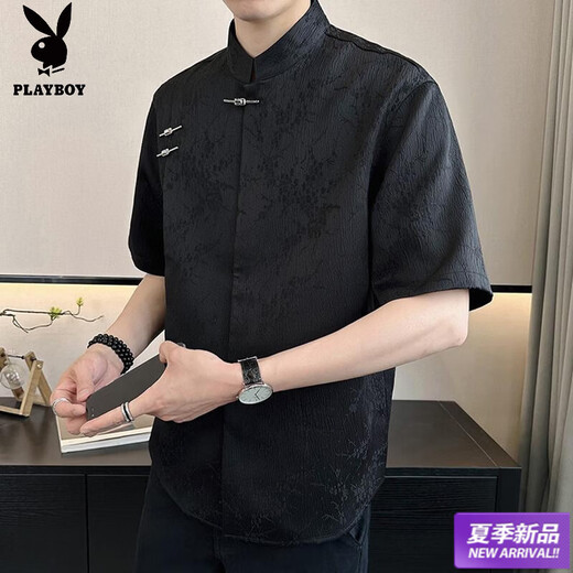Playboy (PLAYBOY) New Chinese style short-sleeved shirt for men, summer ice silk cool half-sleeved men's national trend mountain collar satin shirt C278 black M (about 100-115Jin Jin is equal to 0.5kg can be worn