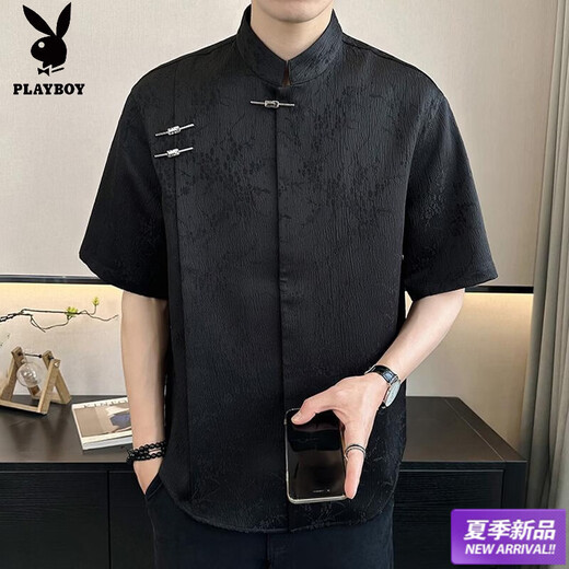 Playboy (PLAYBOY) New Chinese style short-sleeved shirt for men, summer ice silk cool half-sleeved men's national trend mountain collar satin shirt C278 black M (about 100-115Jin Jin is equal to 0.5kg can be worn