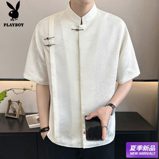 Playboy (PLAYBOY) New Chinese style short-sleeved shirt for men, summer ice silk cool half-sleeved men's national trend mountain collar satin shirt C278 black M (about 100-115Jin Jin is equal to 0.5kg can be worn