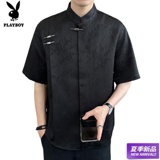 Playboy (PLAYBOY) New Chinese style short-sleeved shirt for men, summer ice silk cool half-sleeved men's national trend mountain collar satin shirt C278 black M (about 100-115Jin Jin is equal to 0.5kg can be worn