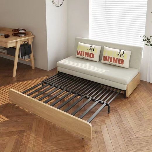 Mingfan sofa bed dual-purpose retractable bed multi-functional folding bed small apartment living room bedroom dual-purpose solid wood bed pull-out bed Khaki natural breathable fabric imported from Germany 150CM environmental protection ridge coconut palm mat