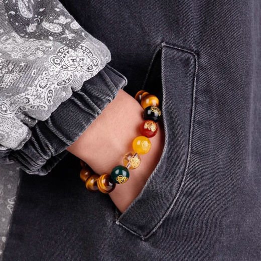 Baoxin Fanrui BOSFRU natural yellow tiger eye stone bracelet for men and women, five-way God of Wealth, lucky transfer bead bracelet, lightning pattern tiger clear gift for boyfriend, yellow tiger eye, five-way God of Wealth, bead diameter 14mm