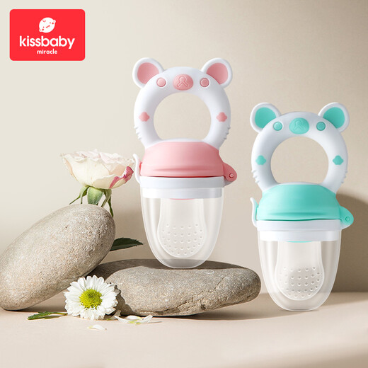 Kissbaby Miracle baby bites, baby pacifier teether, fruit and vegetable bite bag, food supplement, soothing teether, bear powder + bear blue, 2 pack