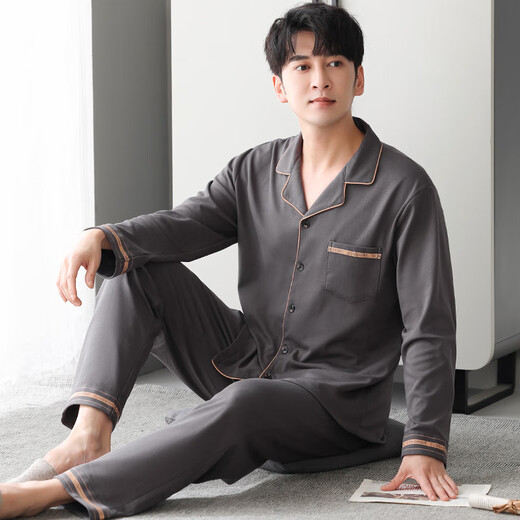 
Modal pure cotton pajamas men's summer long-sleeved suit boys' elegant home clothes 2025 new summer main picture MZZ9903 gray pocket XL