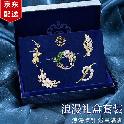 Ancient brooch, high-end women's exquisite niche corsage gift box, light luxury and elegant pin, silk scarf buckle, birthday gift for women, practical, high-end fashion brooch, five-piece set, exquisite gift box