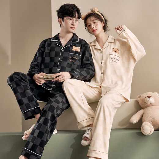 俊俊穗迪美（JUNJUNSUIDIMEI）2套价 情侣睡衣女长袖春秋季薄款纯棉卡通女士男士开衫家居服套装 长-GEY-757 M 女+男XL