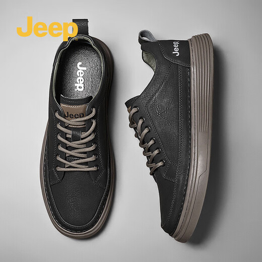 Jeep men's shoes spring and autumn all-match casual shoes cowhide sneakers outdoor sports work shoes black small leather shoes