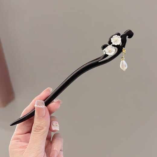 Two generations of happy Chinese style black sandalwood hairpins for women, new Chinese style flower tassel hairpins, ancient style high-end hair accessories, daily gifts, double-sided sandalwood hairpins
