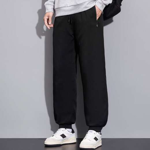 RFKU thickened velvet pants men's winter loose legged pants straight casual pants men's trendy sports warm cotton pants black - drawstring 2XL (140-160Jin Jin equals 0.5kg)