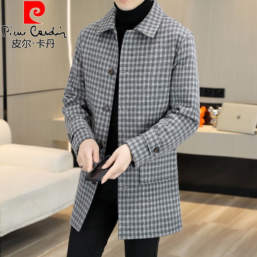 Pierre Cardin Herren Wollmantel kariert Winter High-End Nizi Windjacke Mittellanger Wollmantel im britischen Stil 1005 schwarz Baumwolle Stil XL