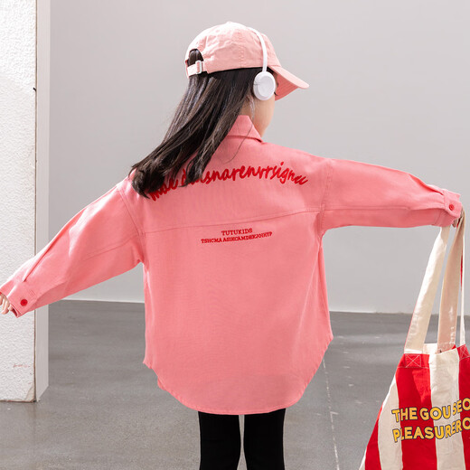 Tutu Little Elephant Girls' Shirt 2026 Spring and Autumn New Children's Jacket Children's Clothes Letter Embroidered Lapel Cardigan Medium and Large Children's Long Sleeve Watermelon Red 150 Height About 150cm