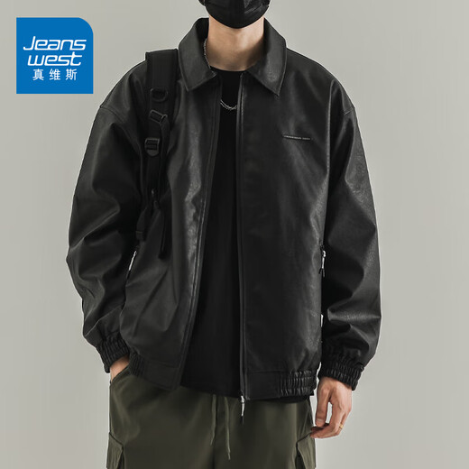 Jeanswest retro spring and autumn new leather jacket men's PU leather coach bomber jacket American casual loose motorcycle suit JK80 black L