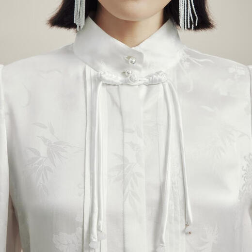 LIME Gina's same style Rhine stand collar new Chinese style long-sleeved shirt autumn and winter mulberry silk floral top white S