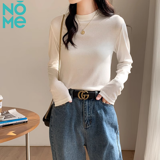 NOME right shoulder small stand collar bottoming shirt women's long-sleeved T-shirt with spring, autumn and winter slim fit top white M