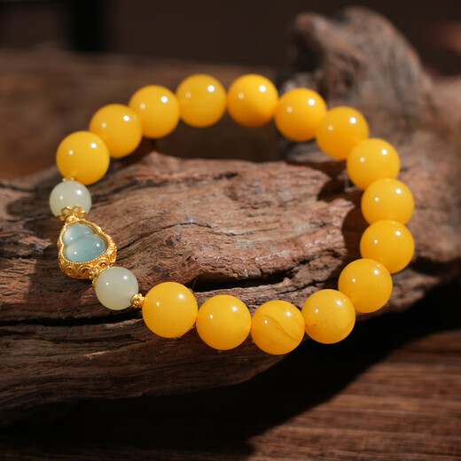 Qingchengshan Cultural and Creative Beeswax Bracelets Women's Chicken Oil Yellow Real Amber Hetian Jade Bracelet Fashion Accessories Birthday Gift 10mm Russian Chicken Oil Beeswax Gourd Bracelets