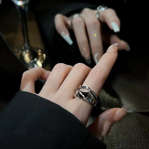 Decoration show geometric cold style ins black crystal ring niche design fashionable personality high-end sense open ring internet celebrity female trend black crystal style + irregular style