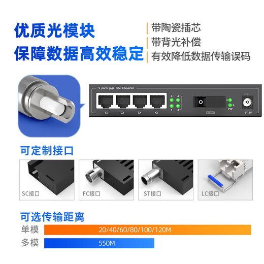 Huigu Isolated Fiber Optic Transceiver Gigabit 1 Optical 4 Electrical Single Mode Single Fiber Photoelectric Converter SC Interface 20km 1 Price HG800-GE-814GS-20A/B-V