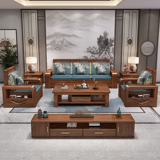 Chenya solid wood sofa walnut solid wood sofa combination modern Chinese style winter and summer dual-purpose large and small apartment storage furniture 70% users choose four-seater + imperial concubine couch + coffee table