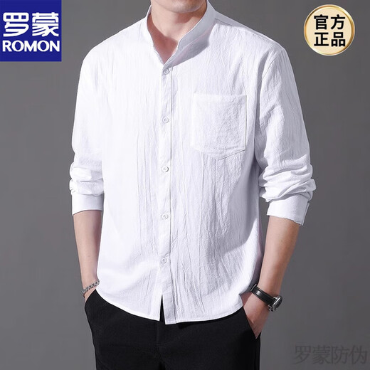 ROMON stand collar long-sleeved shirt men's pure cotton 2026 autumn thin casual loose shirt men's genuine pocket new product black XL 120-140Jin Jin equals about 0.5 kg