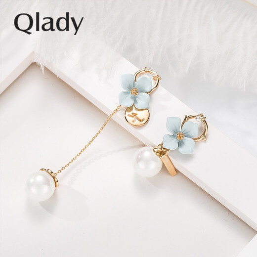 Women's asymmetrical pearl earrings for women, fashionable long tassel internet celebrity flower silver earrings for female students, sweet 925 silver needle earrings, ear wire earrings, gift for girlfriend, fresh blue