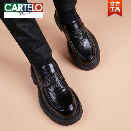 CARTELO new casual leather shoes for men, genuine leather, Korean version, trendy business thick sole, lightweight rubber foam sole, slip-on loafers, black 3H306 40