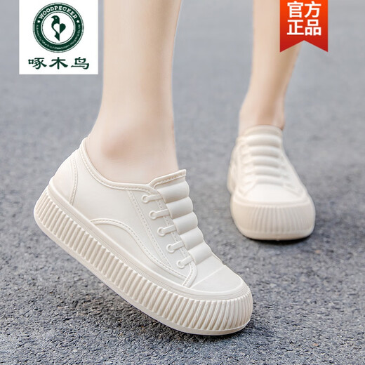 啄木鸟春秋女士短筒雨水靴低帮内增高雨鞋女工作浅口防水鞋防滑洗车胶鞋 白色【不加棉】 标准码 36 脚瘦拍小1码