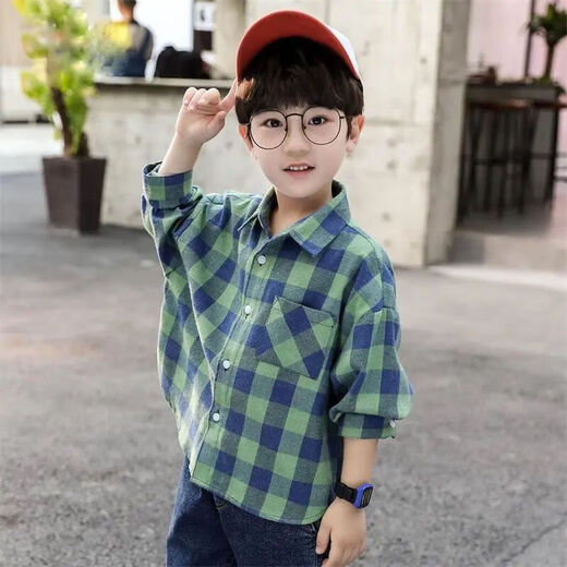 Weiman Fawn Children's Clothing Men's Children's Shirts Boys' Spring and Autumn Plaid Lapel Cardigan Jacket Tops Medium and Large Children's Shirts 208 Blue 120 Recommended height is about 110 cm