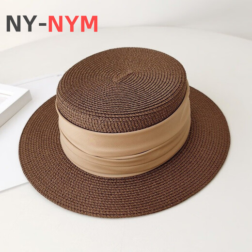 NY-NYM Korean simple top hat summer women's British retro top hat temperament celebrity seaside vacation sun hat Ribbon straw hat-black + brown strap M(56-58cm)