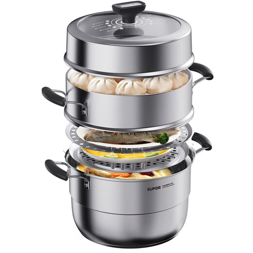 SUPOR steamer household 304 stainless steel thickened double bottom soup pot three-layer steamer clever and easy to take large capacity pot steamed bun pot 11.6 liters thickened upgrade 3 layers 30cm