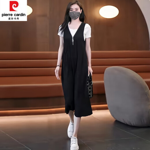Pierre Cardin Fashion Loose Dress Large Size Women's Clothing 2023 Summer New T-shirt Covering Vest Skirt Slimming White T-shirt + Black Skirt M